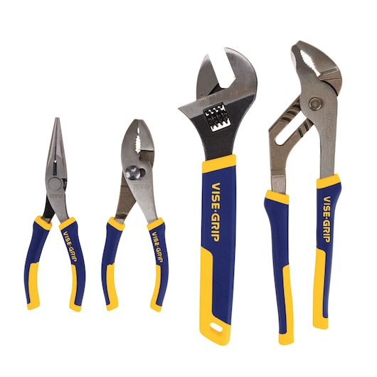 IRWIN 2078705 hand tool set with blue and yellow handles, including pliers, wrench, and groove joint pliers, front view.