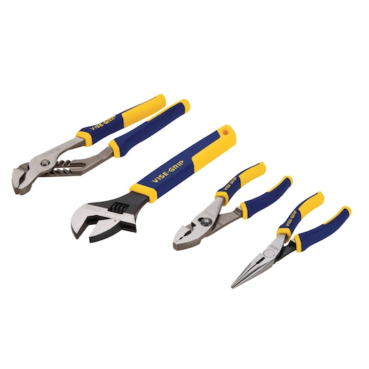 IRWIN 2078705 pliers set with four tools, blue and yellow handles, angled on white background.
