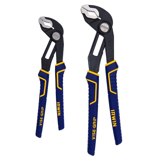 Photo of two IRWIN 2078709 groove joint pliers with blue and yellow VISE-GRIP handles, front angle, white background.