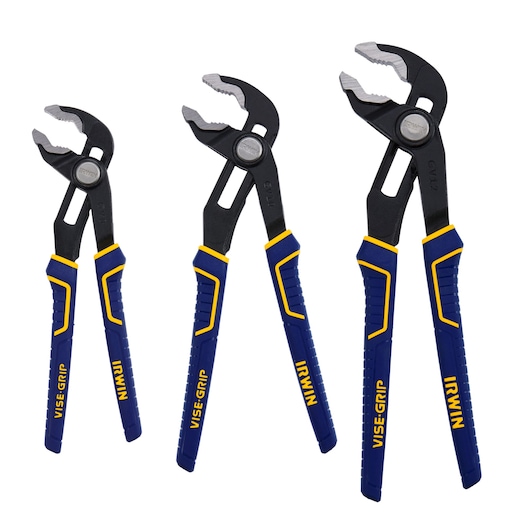 Photo of three IRWIN VISE-GRIP groove joint pliers in different sizes, SKU 2078711, blue and yellow handles, white background.