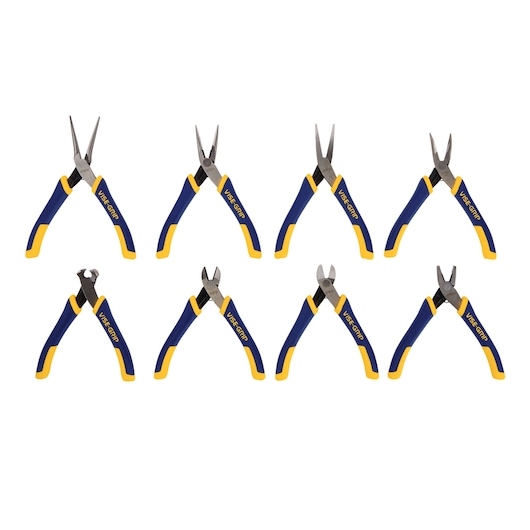 IRWIN Vise-Grip 8-piece pliers set with blue and yellow handles, front angle, SKU 2078714, against white background.