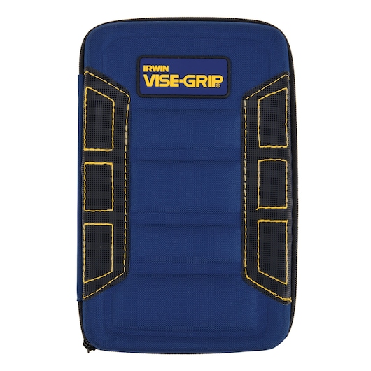 Photo of IRWIN blue and black zippered tool pouch with yellow stitching, VI$E-GRIP logo on front, 2078714, front view.