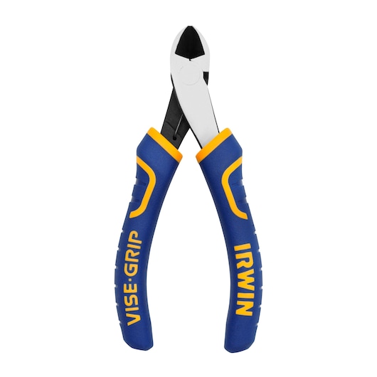 Photo of IRWIN 2078925 diagonal cutting pliers with blue and yellow handles, front angle on white background.