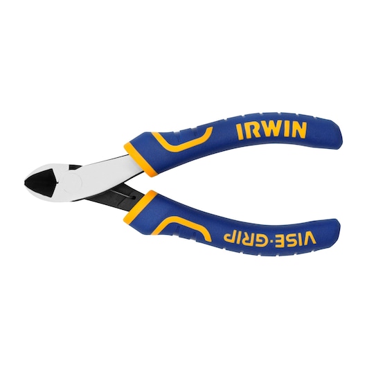 Photo of IRWIN 2078925 diagonal cutting pliers with blue and yellow ergonomic handles, side angle on white background.