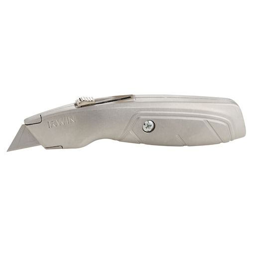 IRWIN 2082101 utility knife with retractable silver metal body, side view on white background.