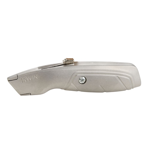 IRWIN 2082101 silver utility knife side view on white background.