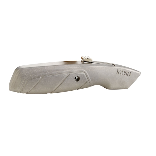 IRWIN utility knife 2082101, silver metal body, side view on white background.