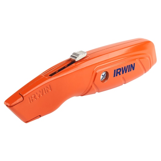 IRWIN utility knife 2082300 side view, orange with metal slider, photography on white background.