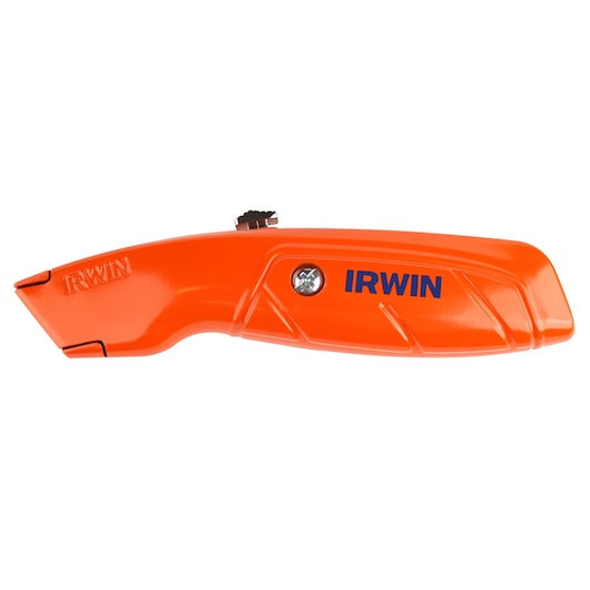 IRWIN 2082300 orange utility knife side view with blue IRWIN logo and metal screw visible.