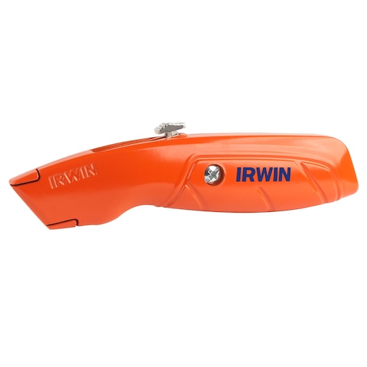 Photo of IRWIN 2082300 utility knife, orange metal body, side view on white background.
