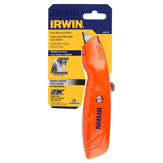 IRWIN 2082300 orange retractable utility knife in packaging, angled view on white background.