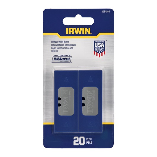 IRWIN 2084200 bi-metal utility blades 20-pack in blue and silver packaging, front angle on white background.
