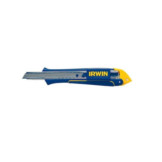 Photo of IRWIN 2086100 blue and yellow snap-off utility knife, side view, with extended segmented blade.