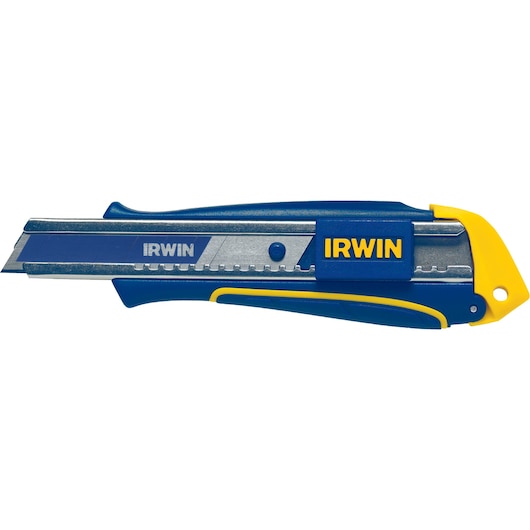 IRWIN 2086102 utility knife in blue and yellow, side angle, retractable blade, photography on white background.