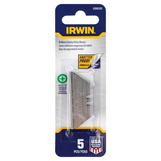 IRWIN 2088100 bi-metal safety utility blades in retail packaging, five pieces, front angle on white background.