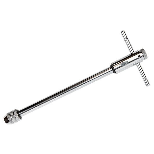 IRWIN 21210 long handle T-handle tap wrench, silver metal, side angle on white background.
