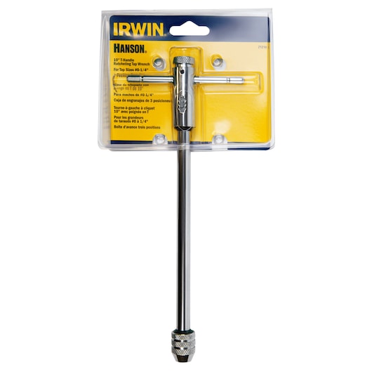 Photo of IRWIN 21210 ratcheting tap wrench in retail packaging, chrome finish, photographed on white background.