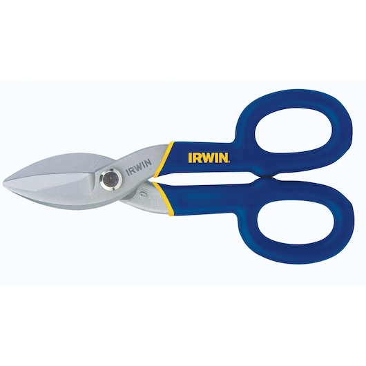 Photo of IRWIN 22007 aviation snips with blue and yellow handles, side view on white background.