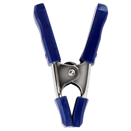 Photo of IRWIN 222601 metal spring clamp with blue plastic grips, front angle, on white background.