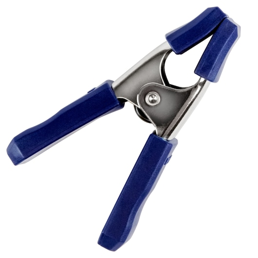 IRWIN blue metal spring clamp 222601, side angle on white background, blue plastic grips and jaws visible.