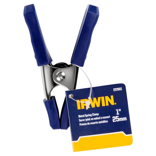Photo of IRWIN 222601 metal spring clamp with blue handles, front angle on white background.