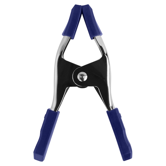 IRWIN 222702 metal spring clamp with blue rubber grips and tips, front angle, white background.