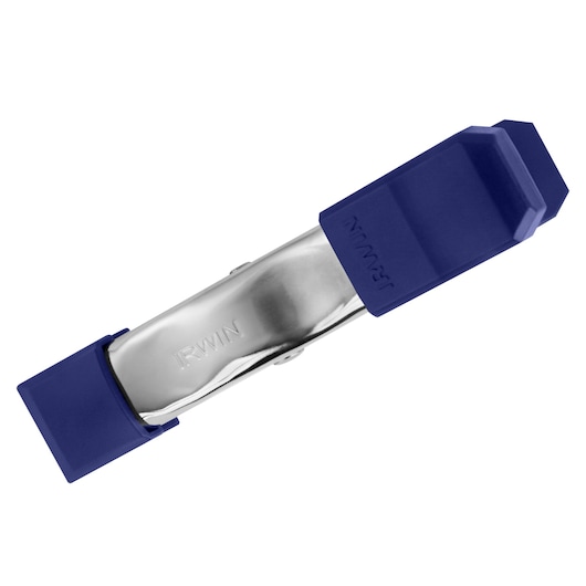 Photo of IRWIN 222702 metal spring clamp with blue protective grips, angled on white background.