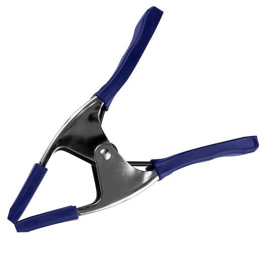Photo of IRWIN 222803 metal spring clamp with blue rubber grips and jaws, angled on white background.