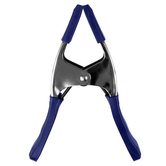 IRWIN 222803 metal spring clamp with blue rubber grips, front angle, photography product image.