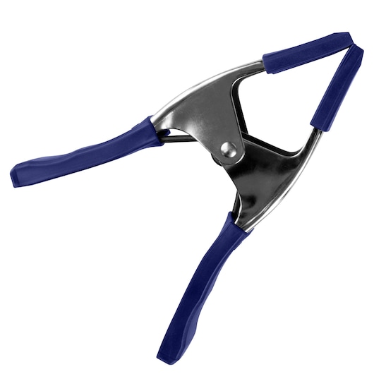 IRWIN 222803 metal spring clamp with blue rubber grips, product side angle on white background