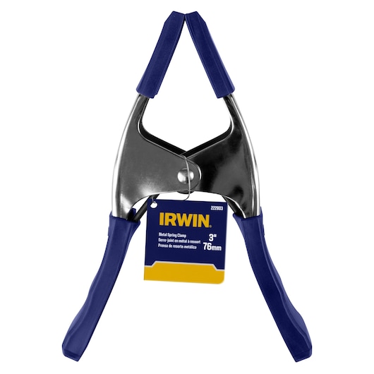 IRWIN 222803 metal spring clamp with blue grips, front view on white background.