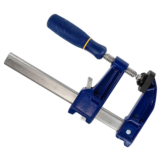 IRWIN 223106 blue and silver bar clamp with ergonomic handle, side angle on white background.