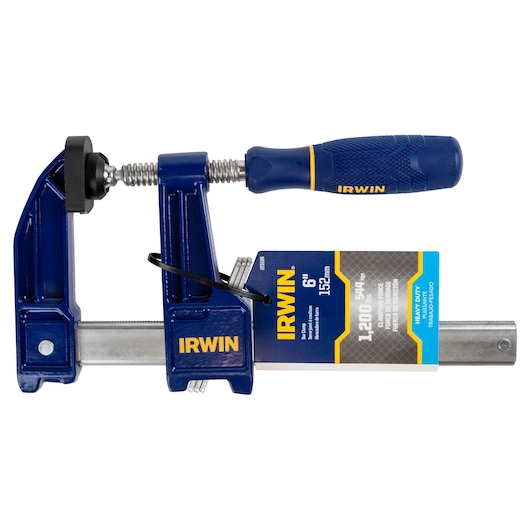 IRWIN bar clamp SKU 223106, blue heavy-duty 6-inch clamp with ergonomic handle, front angle photo.