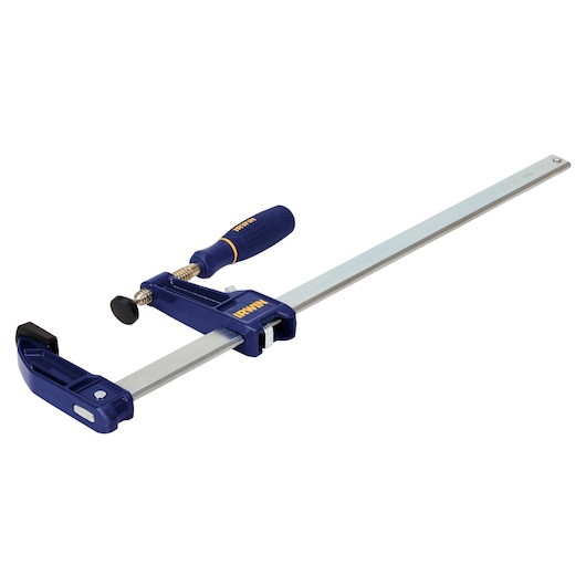 IRWIN 223118 bar clamp with blue handle, photography of clamp on white background, product at angle.