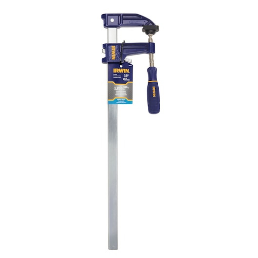 IRWIN 223118 bar clamp with blue handle and metal bar, front angle on white background.