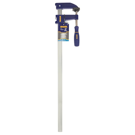 IRWIN 223124 bar clamp with blue handle and silver bar, front angle, on white background.