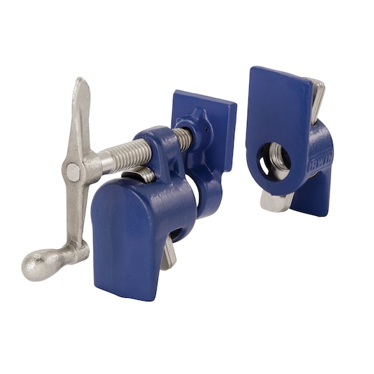 IRWIN 224134 blue pipe clamp set with metal screw handle, angled view on white background.