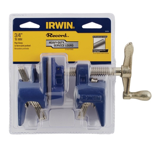 Photo of IRWIN 224134 heavy-duty 3/4 inch pipe clamp in blue, in retail packaging, front angle.