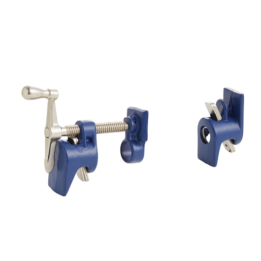 IRWIN pipe clamp set 224212 in blue and silver, front angle on white background, two separate clamp pieces displayed.