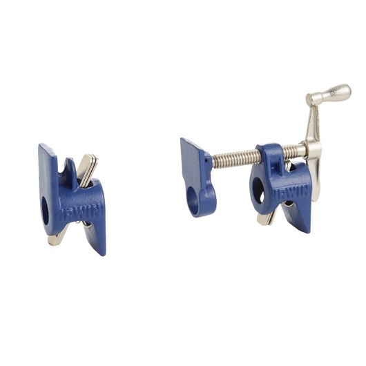 Photo of IRWIN 224212 blue pipe clamp set with metal screw handle, side angle, on white background.