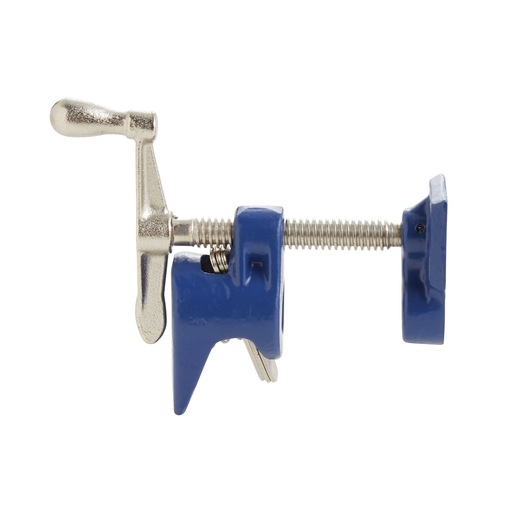 Photo of IRWIN 224212 blue pipe clamp, side view, with silver screw handle and jaws, on white background.