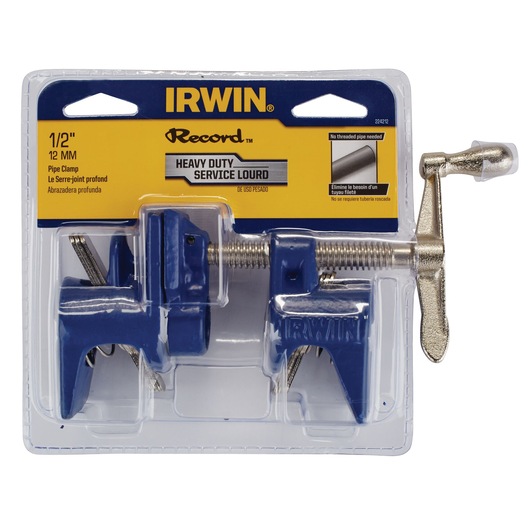 IRWIN 224212 heavy duty pipe clamp in blue metal, retail packaging, front angle.
