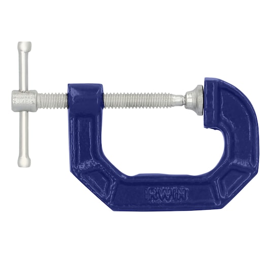 Photo of IRWIN 225101ZR metal C-clamp with blue frame and silver screw, product photography, side angle.