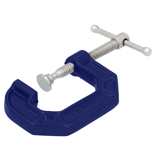IRWIN 225101ZR C-clamp, blue body with silver screw, side angle on white background.