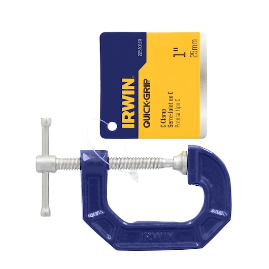 IRWIN 225101ZR blue metal C-clamp with silver threaded screw, front angle on white background.
