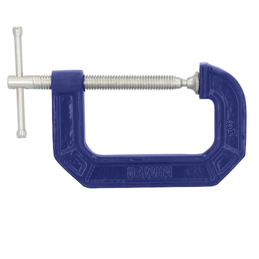 Photo of IRWIN C-clamp 225103ZR with blue body and metallic screw, side angle on white background.