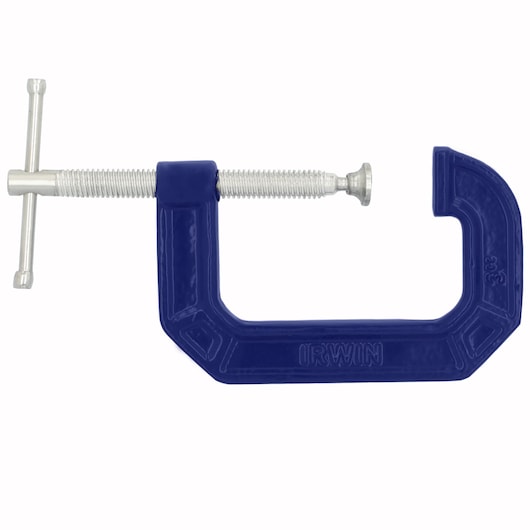Photo of IRWIN 225103ZR blue metal C-clamp, side angle, with silver screw mechanism.