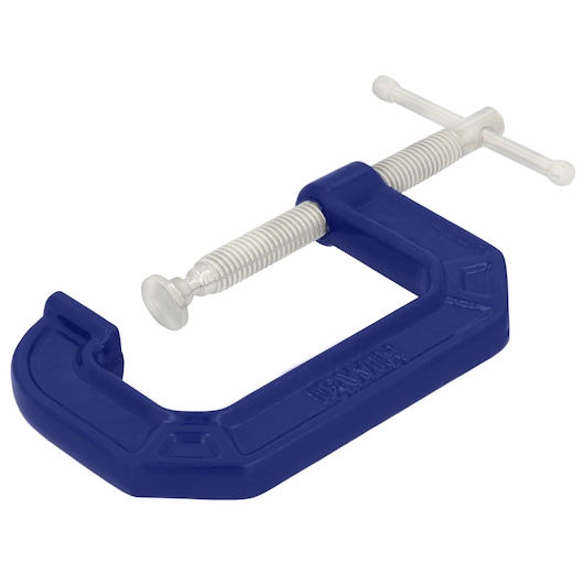 Photo of IRWIN 225103ZR blue C-clamp with silver screw, angled on white background, hand tool category.