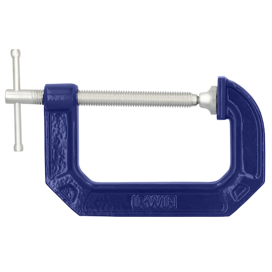 IRWIN blue C-clamp with silver screw, side view on white background, 225104.