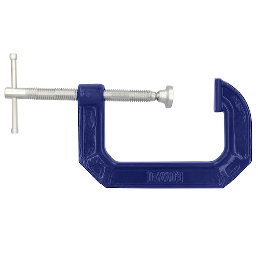 IRWIN 225104 blue C-clamp with silver screw, side view on white background, photography clamp tool.